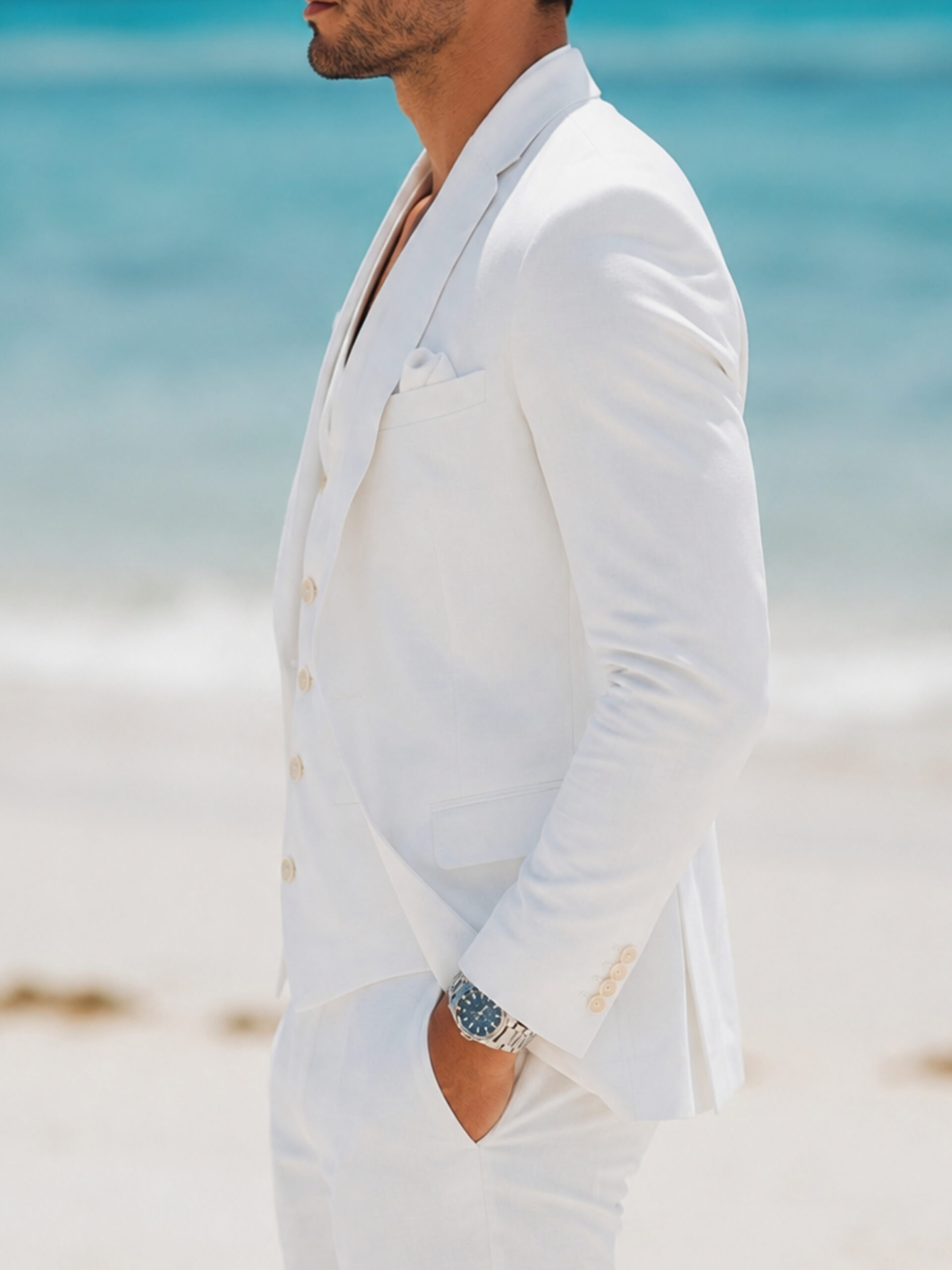 White Linen Three-Piece Suit by Monaco - Image 4