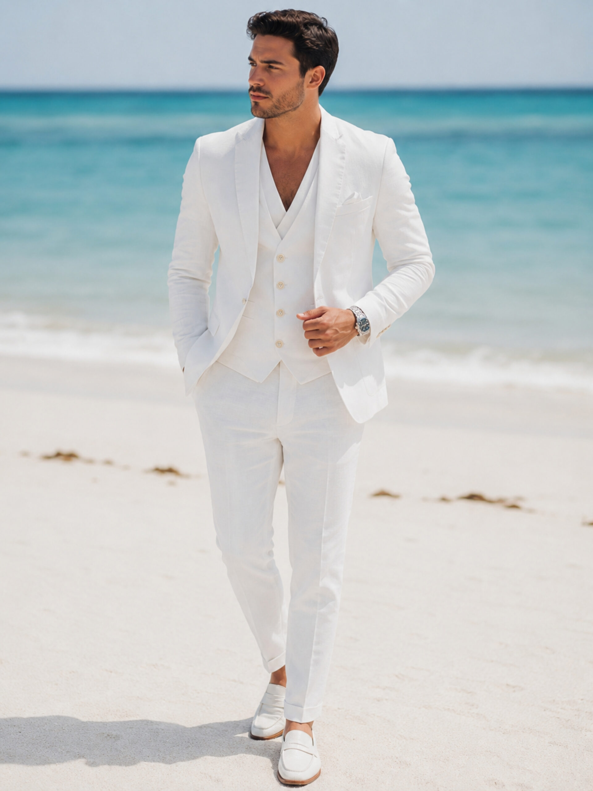White Linen Three-Piece Suit by Monaco - Image 2