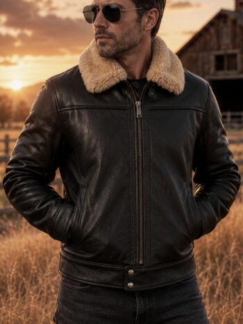 The Flight Jacket – Men's Black Sheepskin with Faux Shearling Collar