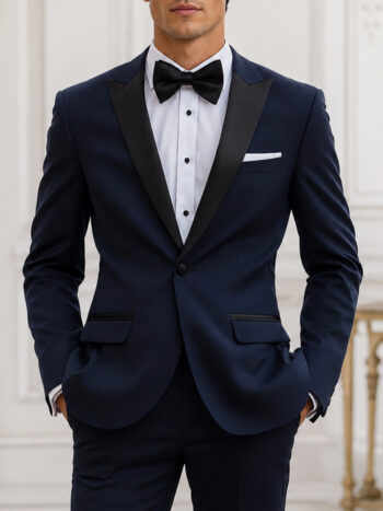 The Monroe Tuxedo – Navy Blue Wool Blend with Satin Shawl Lapel