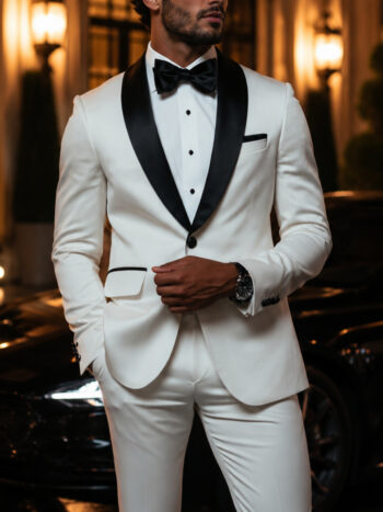 The Valmont Tuxedo – Ivory Wool Blend with Black Satin Shawl Lapels