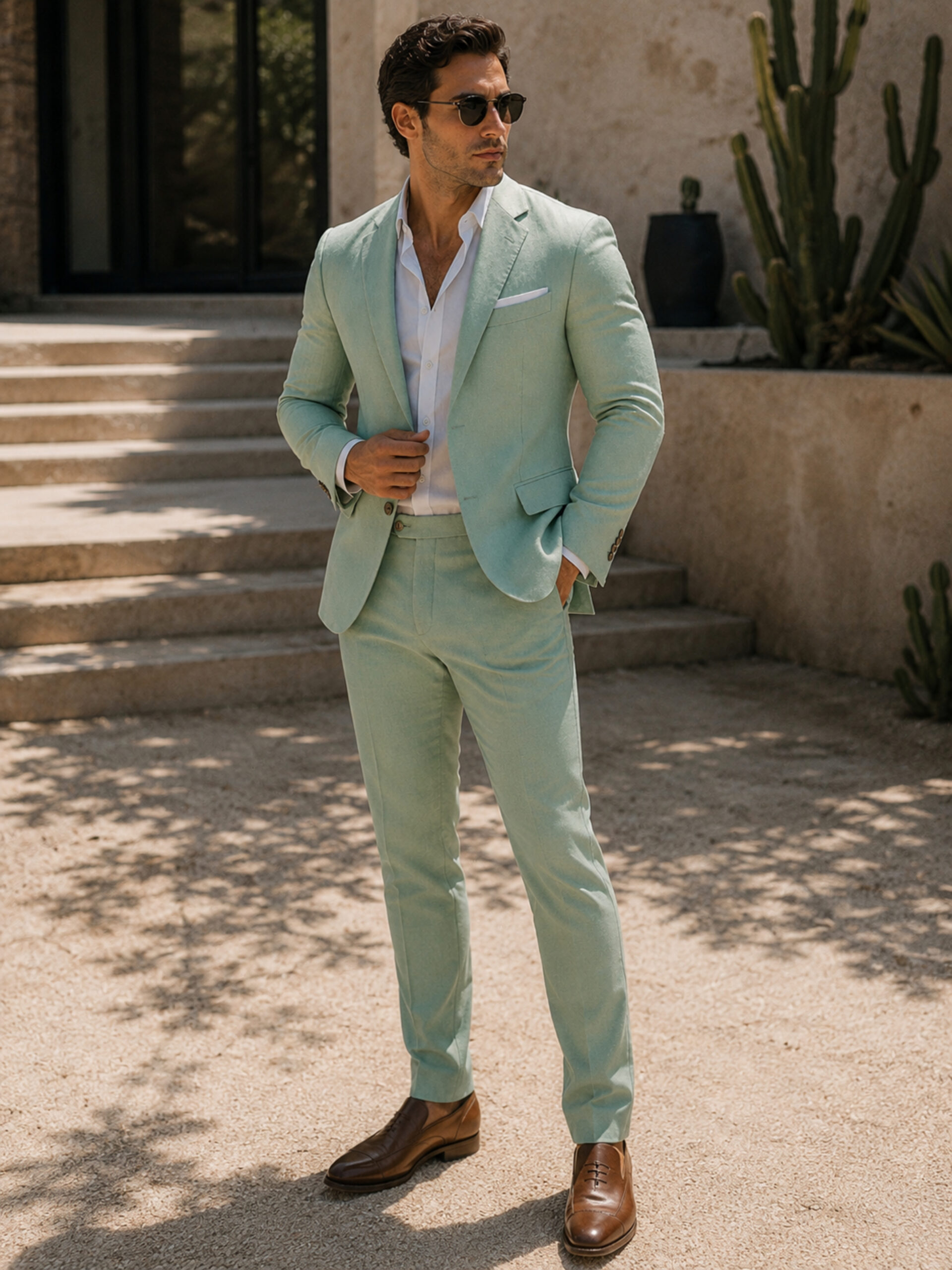 Light Green Linen Blend Two-Piece Suit by Everton - Image 2