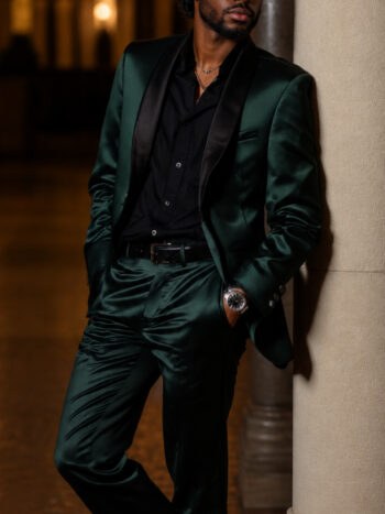 The Monterra Tuxedo – Deep Green Satin with Black Shawl Lapels