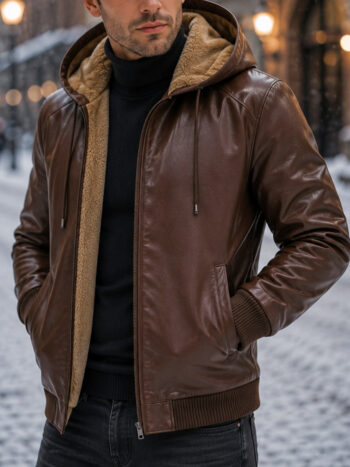 The Urbanite Hooded Bomber – Chocolate Brown Leather with Fleece Lining for Men