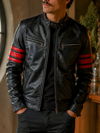 The Speedster Jacket – Noir Black Leather with Red Racing Stripes for Men