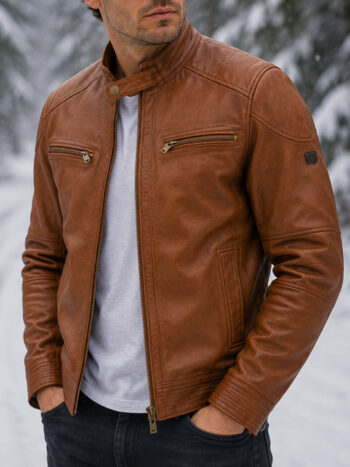 The Apex Jacket – Cognac Brown Leather with Snap Collar for Men