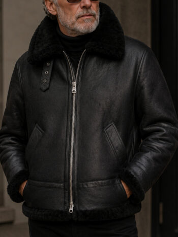 The Aviator Shearling Bomber – Noir Black Sheepskin with Black Fur Trim for Men