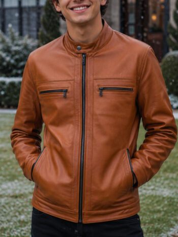 The Meridian Jacket – Cognac Leather with Contrast Zip Details for Men