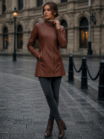 The Verona Coat – Chestnut Brown Leather for Women