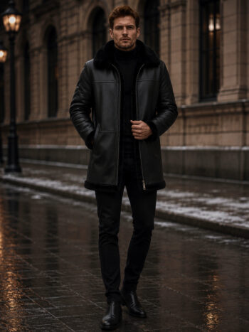 The Astor Jacket – Midnight Black Leather with Shearling for Men