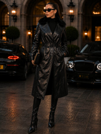 The Kensington Trench – Noir Black Leather with Fur Collar for Women