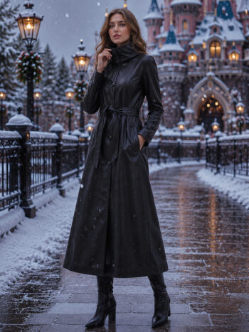 The Frostwood Coat – Noir Black Belted Leather for Women