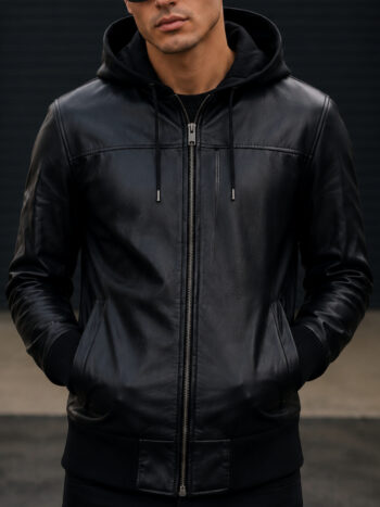 The Metro Hooded Jacket – Noir Black Leather Bomber for Men