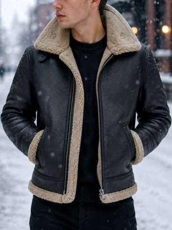 The Aviator Shearling Jacket – Noir Black Sheepskin with Cream Fleece for Men